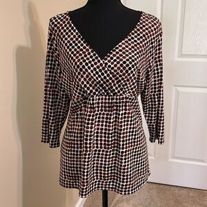 Alfani. Size PL. Blouse. Polka dots, tan, red and dark brownish black.